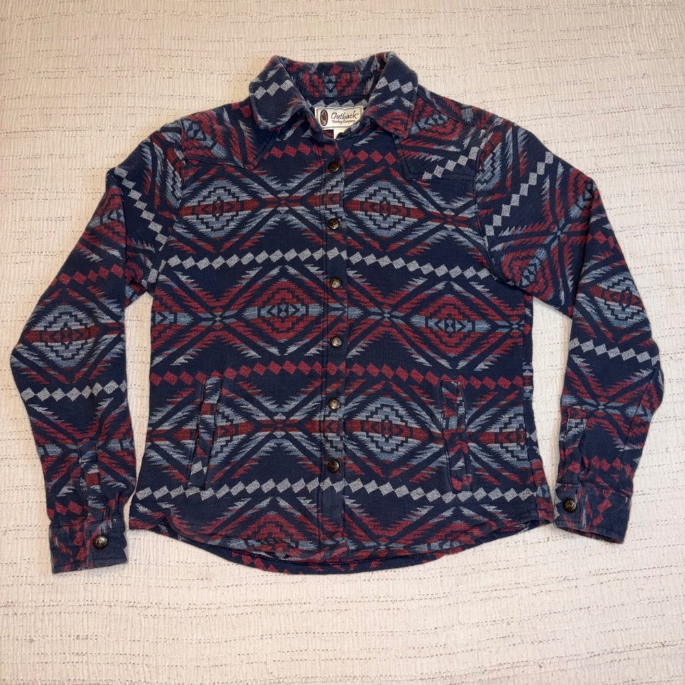 Outback Trading Co Southwestern Geometric Flannel Shirt Navy Red Women MD‎